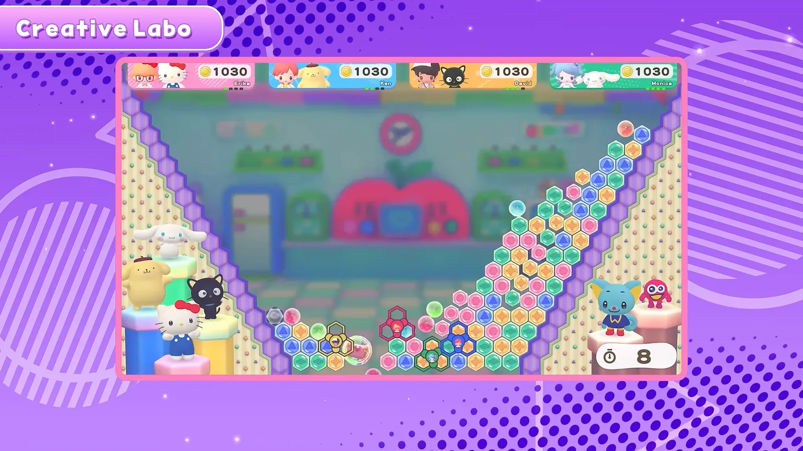 Creative Labo puzzle in Hello Kitty Party Land, a funnel-shaped board packed with colored bubbles and small Sanrio characters standing at the bottom of the screen