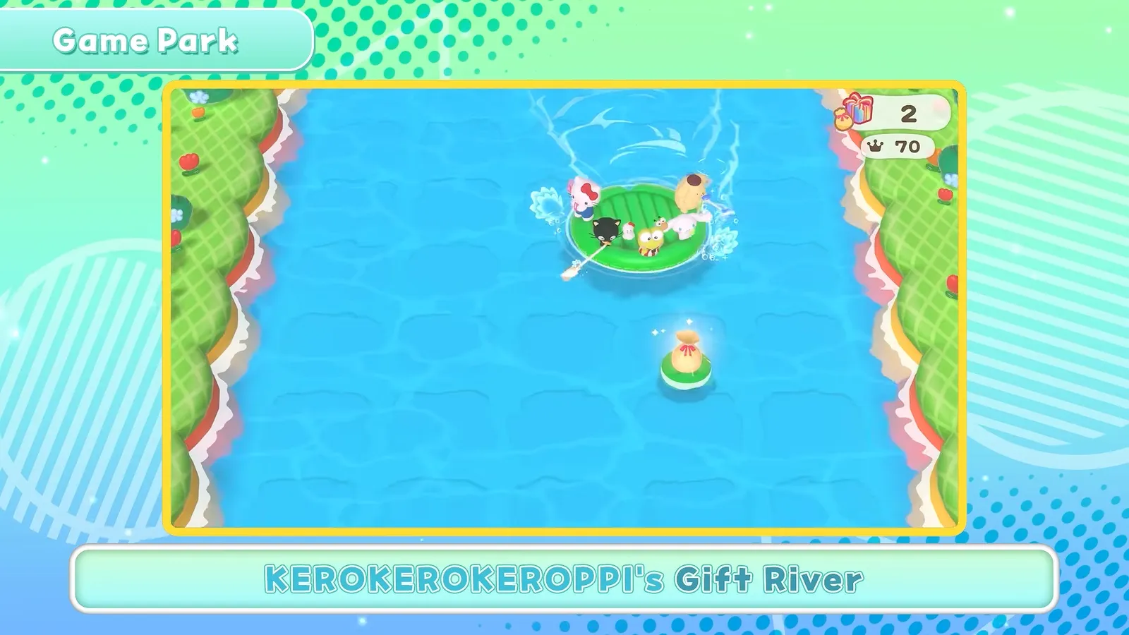 KEROKEROKEROPPI’s Gift River minigame in Hello Kitty Party Land seen from above, a small green lily-pad boat drifting on a blue river with scores 17 and 70
