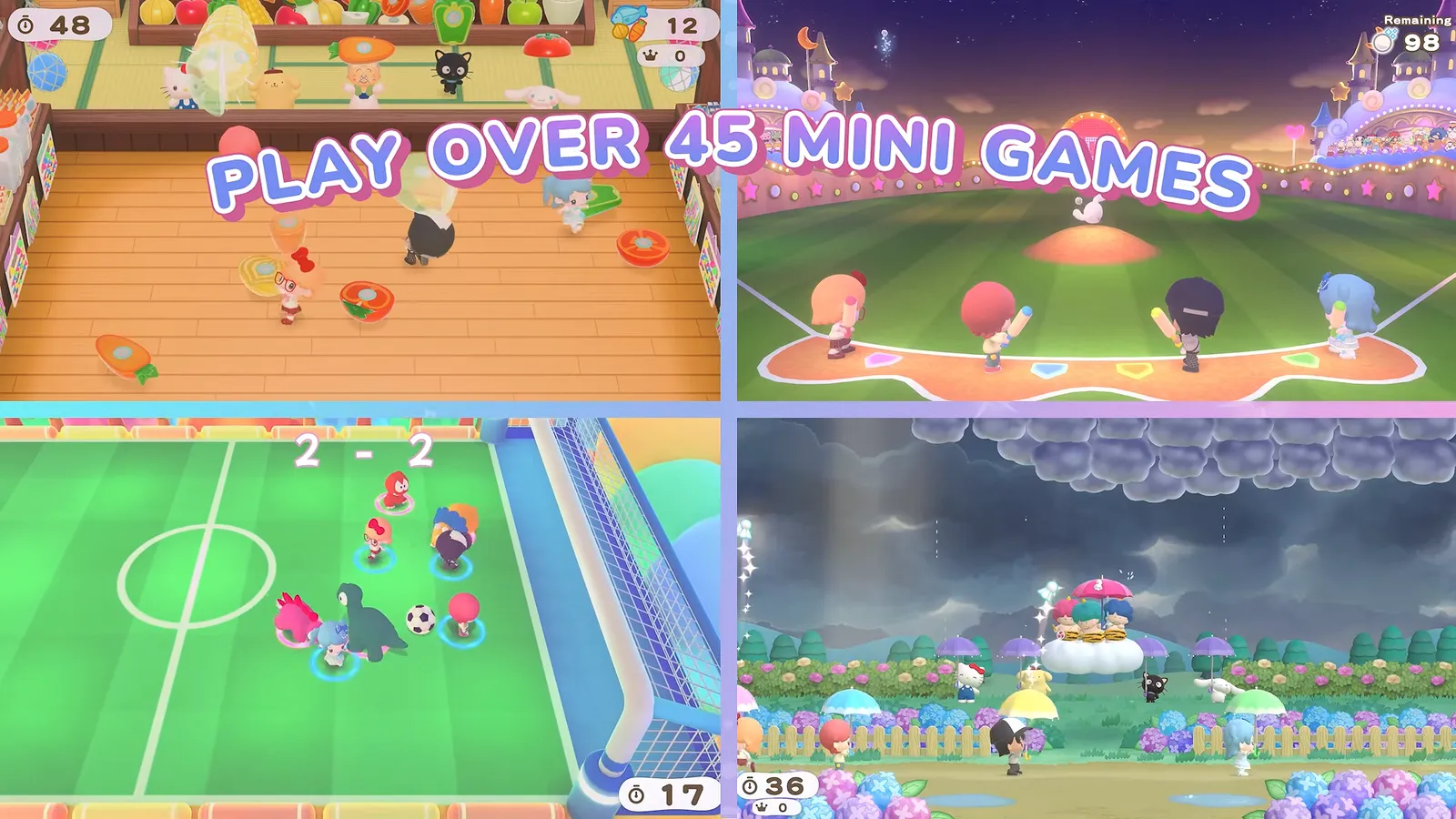 Hello Kitty Party Land launch trailer montage captioned play over 45 mini games, with four minigame clips including a football pitch and a rainy night stage