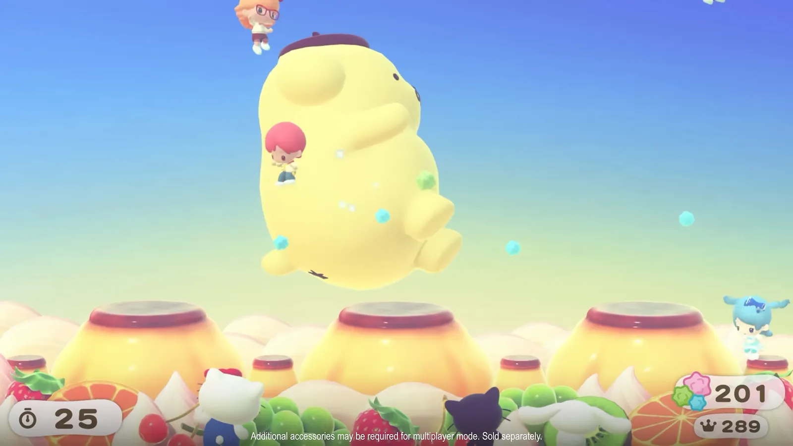 Hello Kitty Party Land minigame with a giant Pompompurin figure floating above rows of pudding cups and scores of 25 and 201 along the bottom