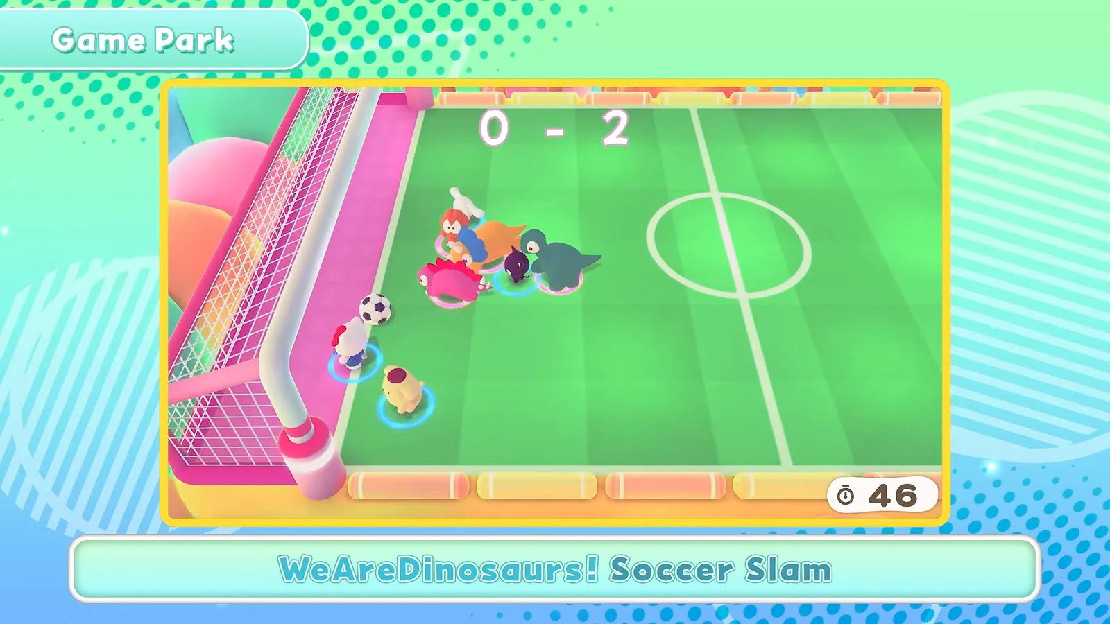 WeAreDinosaurs! Soccer Slam minigame in Hello Kitty Party Land on a green football pitch with a 0 - 2 scoreboard and a timer at the top right