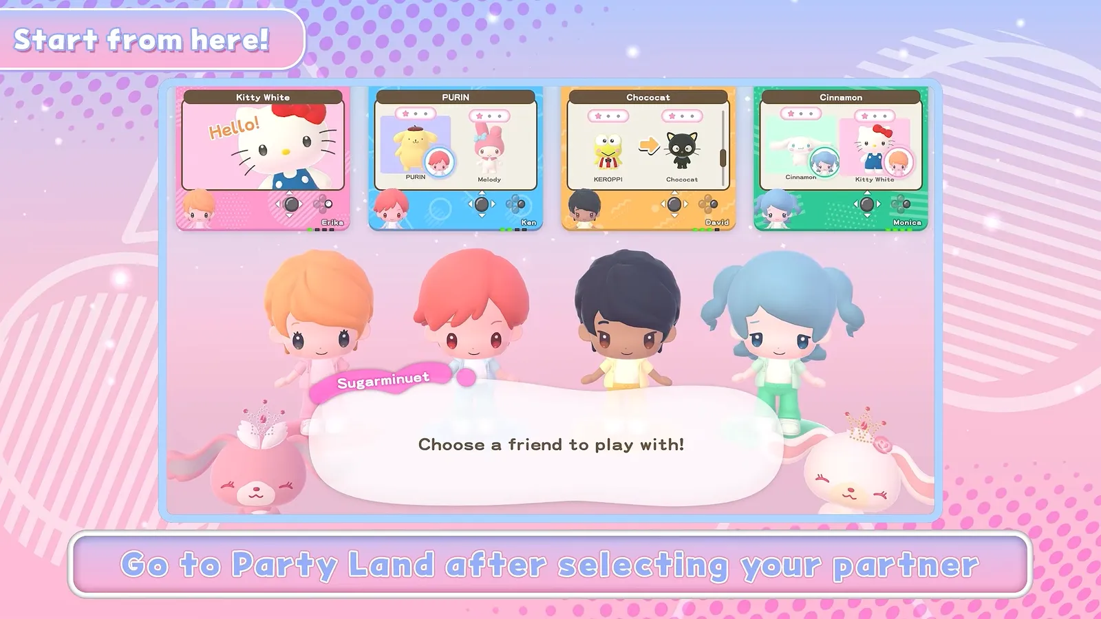 Hello Kitty Party Land partner selection screen asking you to choose a friend to play with, with four avatar characters standing in front of a row of partner portraits