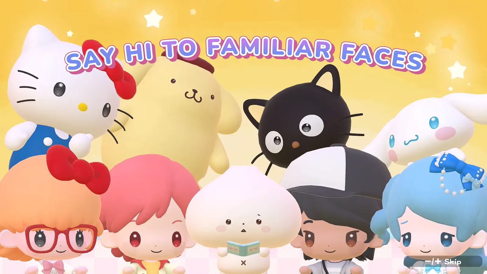 Say hi to familiar faces group portrait from the Hello Kitty Party Land launch trailer with Hello Kitty, Pompompurin, Chococat, Cinnamoroll and four avatar characters