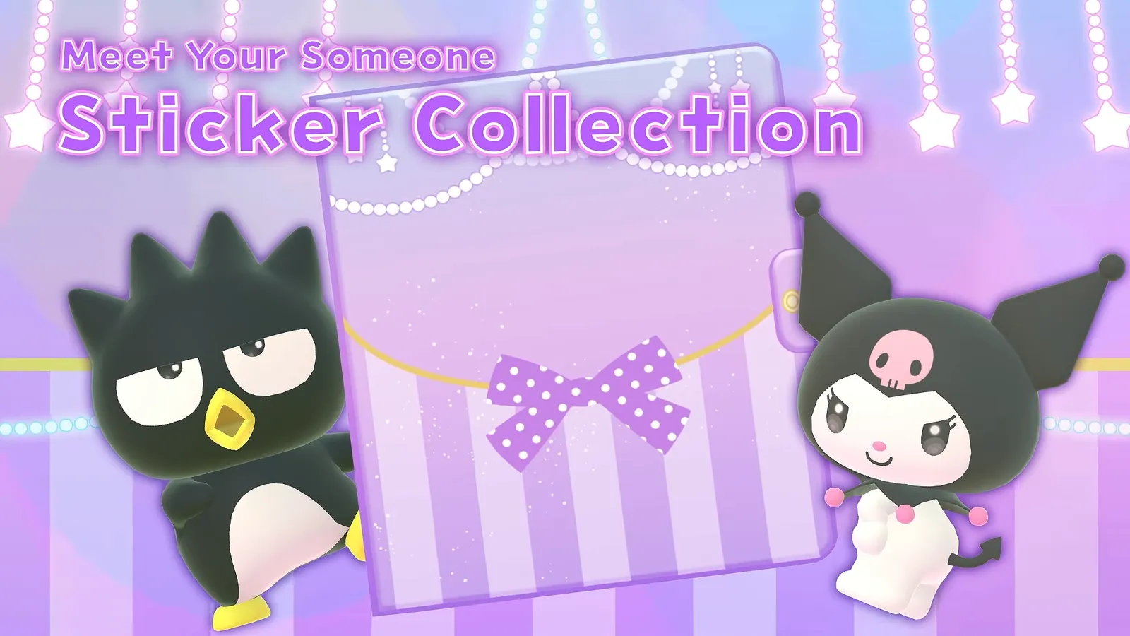 Sticker Collection title card in Hello Kitty Party Land with Badtz-Maru and Kuromi standing beside a purple gift box tied with a ribbon