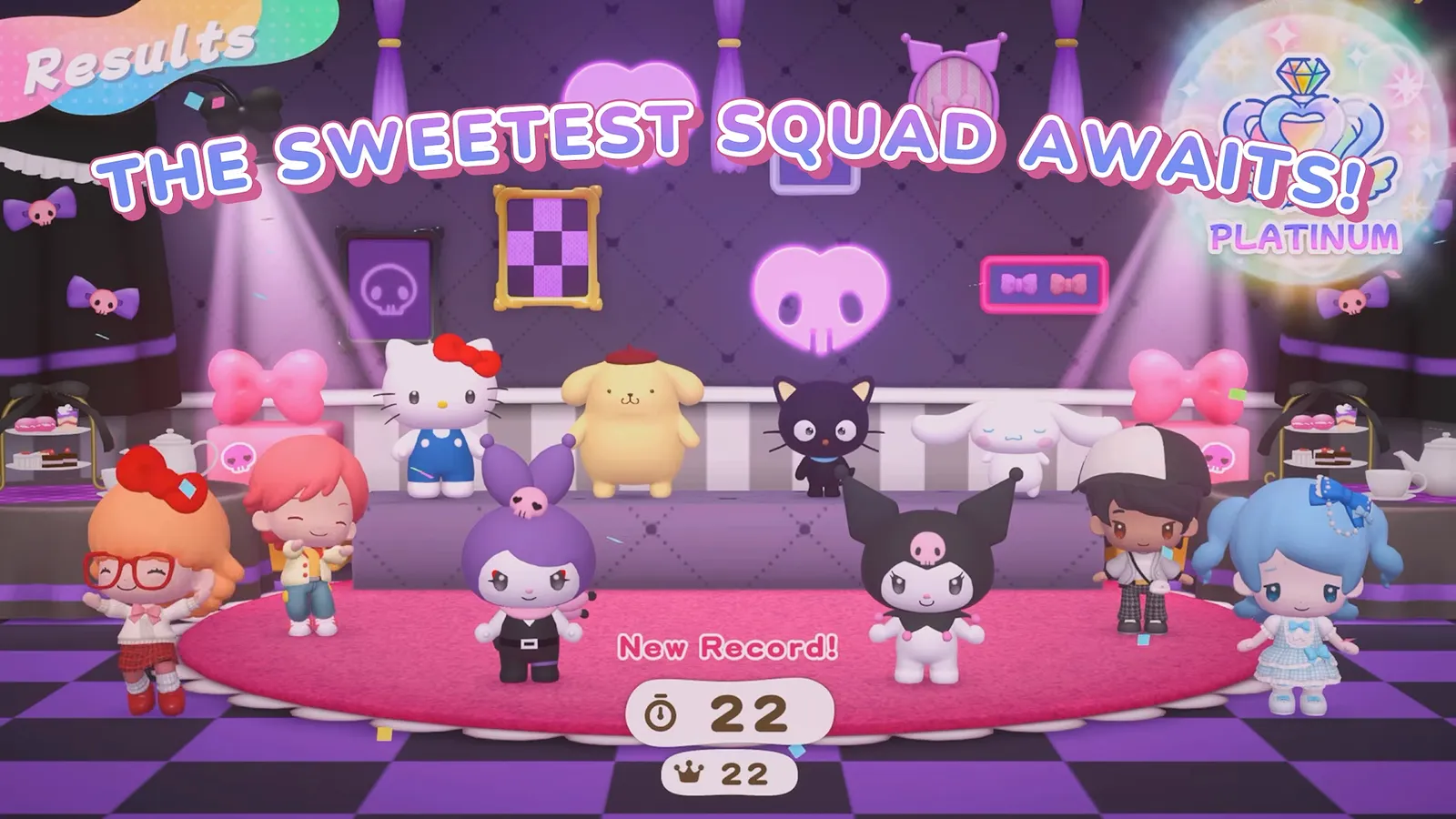 The sweetest squad awaits stage scene in Hello Kitty Party Land with avatars and Sanrio characters lined up on a pink round stage and a 22 countdown