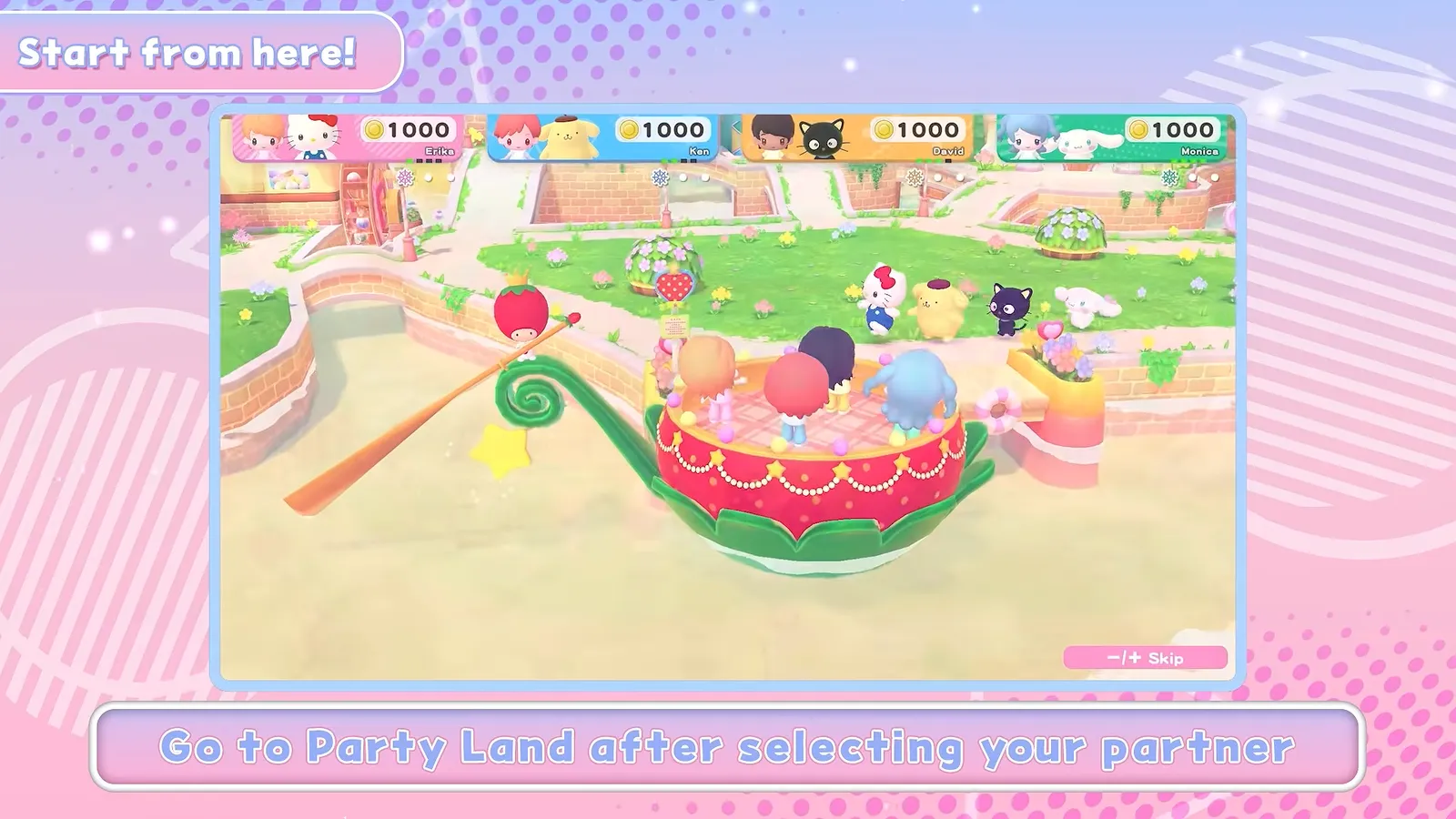 Hello Kitty Party Land after selecting your partner, avatars riding a watermelon-shaped boat toward Party Land with the caption go to Party Land
