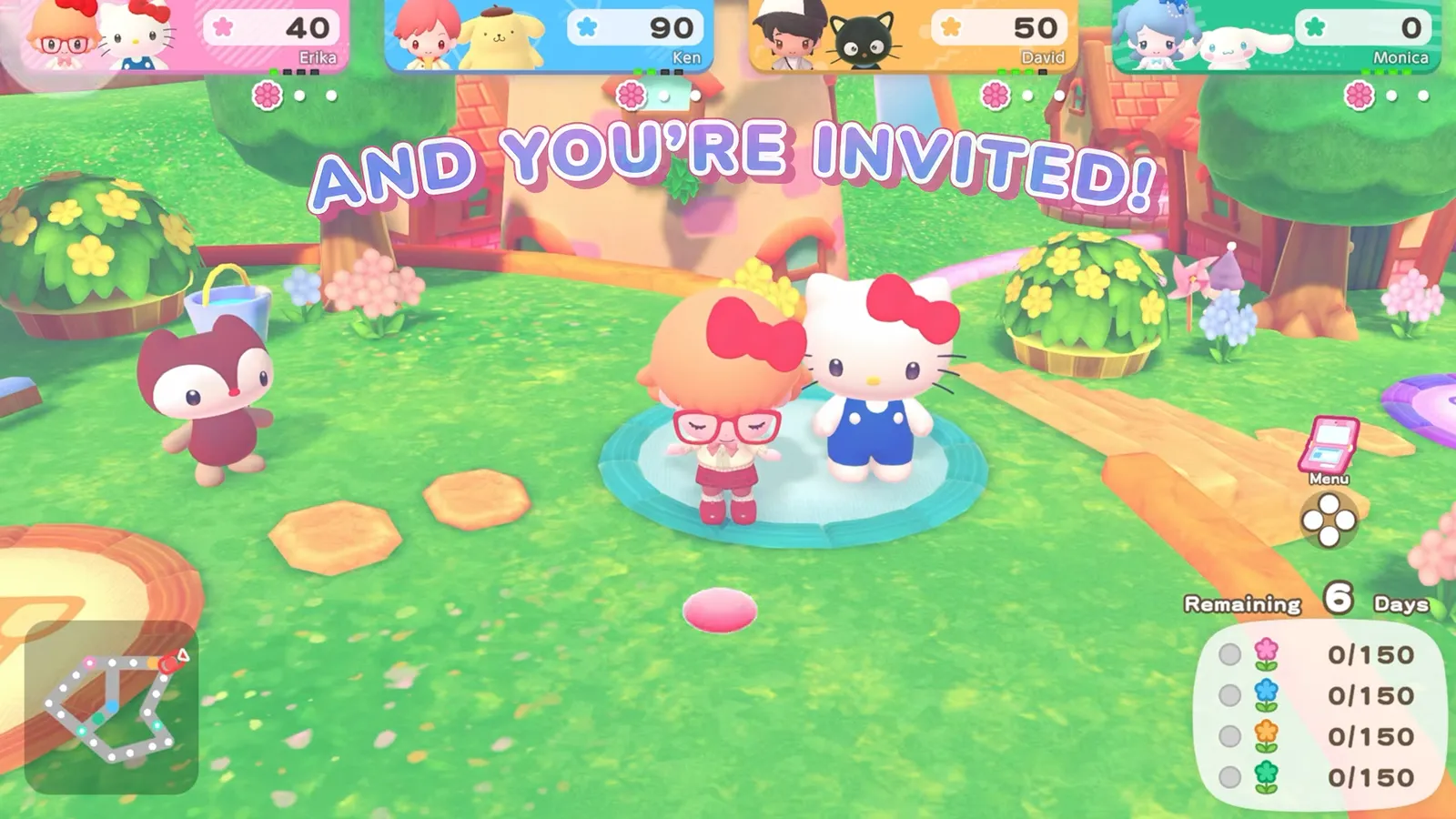 And you’re invited caption over a flower board in Hello Kitty Party Land with Hello Kitty on a round pad and each player’s counter showing 0 out of 150