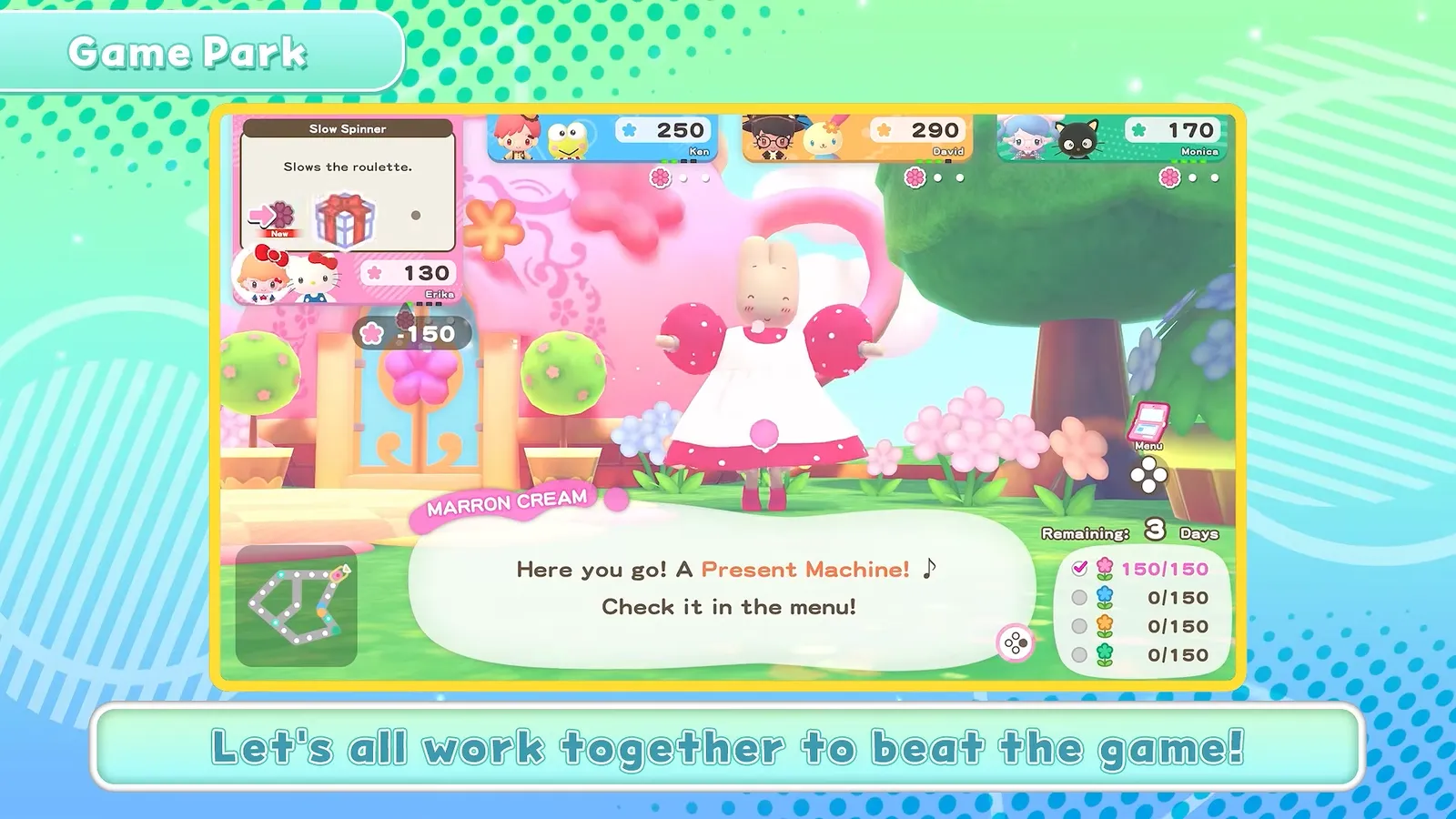 Cream-colored rabbit-like character in a pink and white dress standing in a flower garden while the HUD shows minus 150 flowers and player flower counts of 130, 250 and 290 in Hello Kitty Party Land