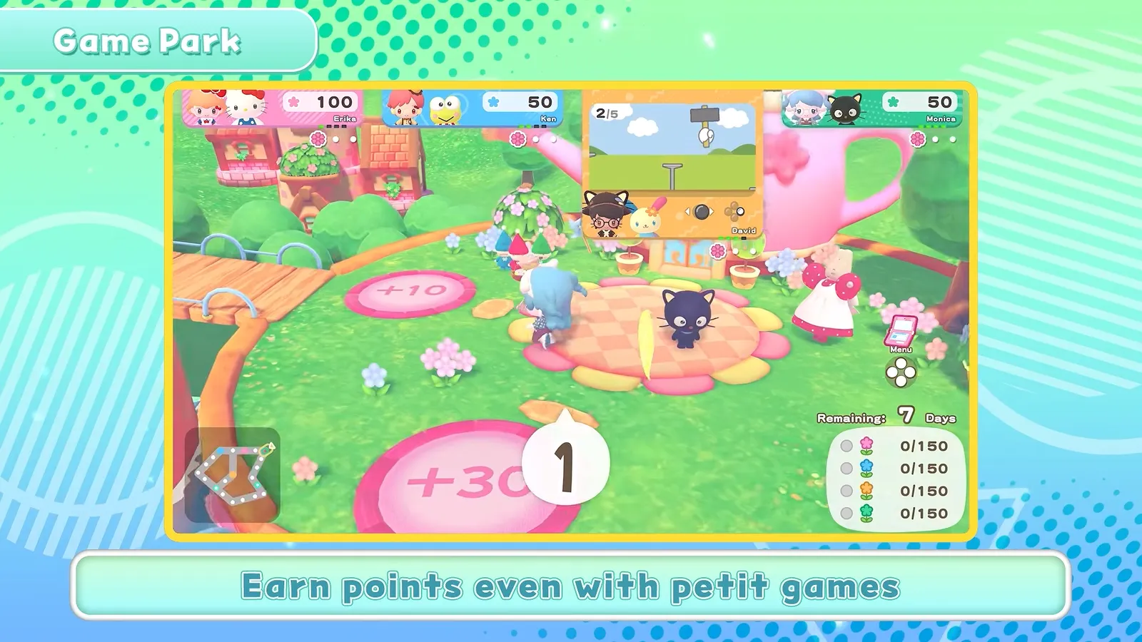 Hello Kitty Party Land board screen captioned earn points even with petit games, with a small petit game window running while a player waits for their turn