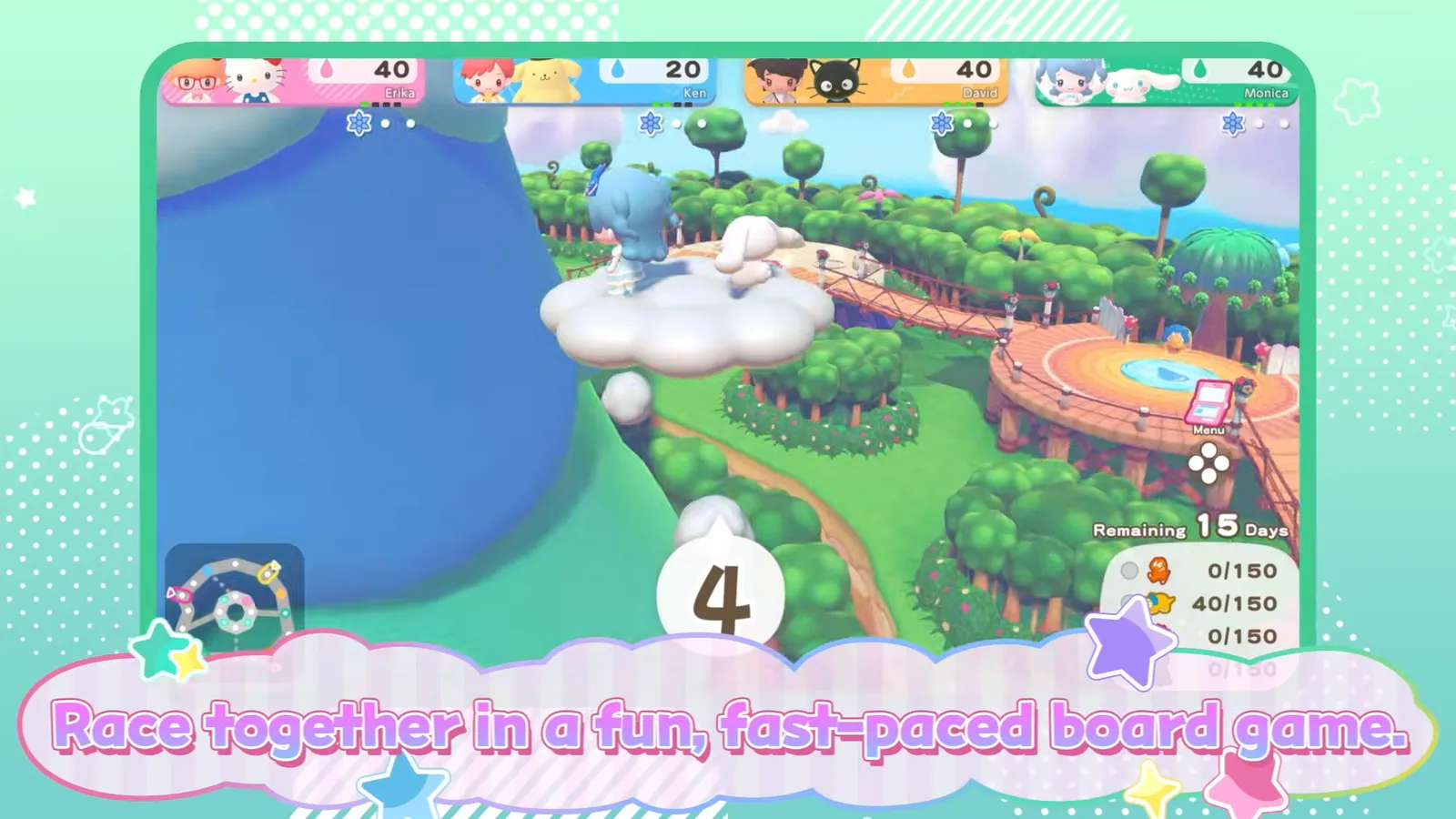 Hello Kitty Party Land coastal cloud-top board with a roulette result of 4 and the caption race together in a fun fast-paced board game