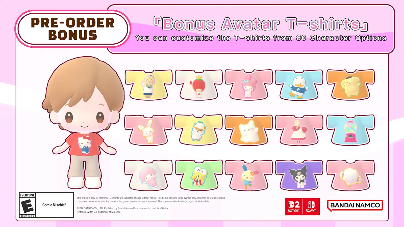 Pre-order bonus card for Hello Kitty Party Land showing a grid of avatar T-shirts with the text you can customize the T-shirts from 80 character options