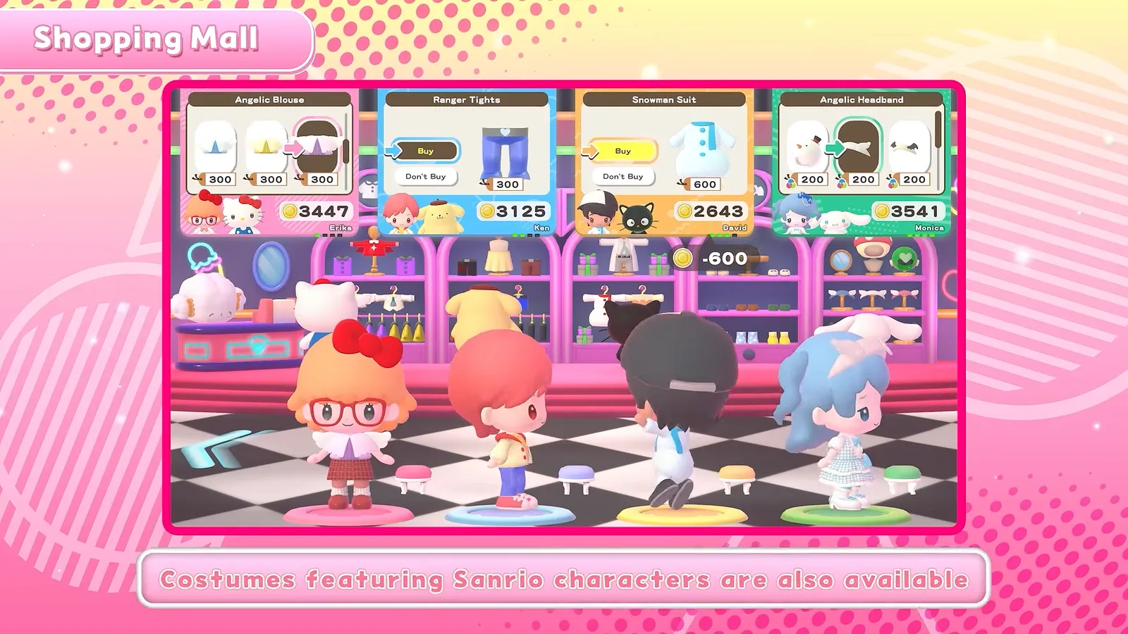 Hello Kitty Party Land clothing shop with avatars wearing dark costume styles and the caption costumes featuring Sanrio characters are also available