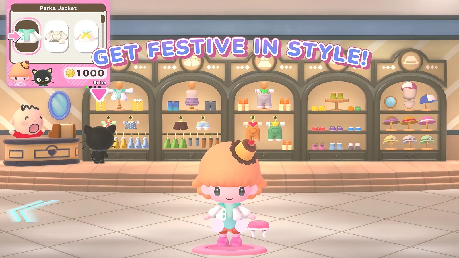 Get festive in style caption over a Hello Kitty Party Land boutique where an orange-haired avatar stands in front of shelves of clothes