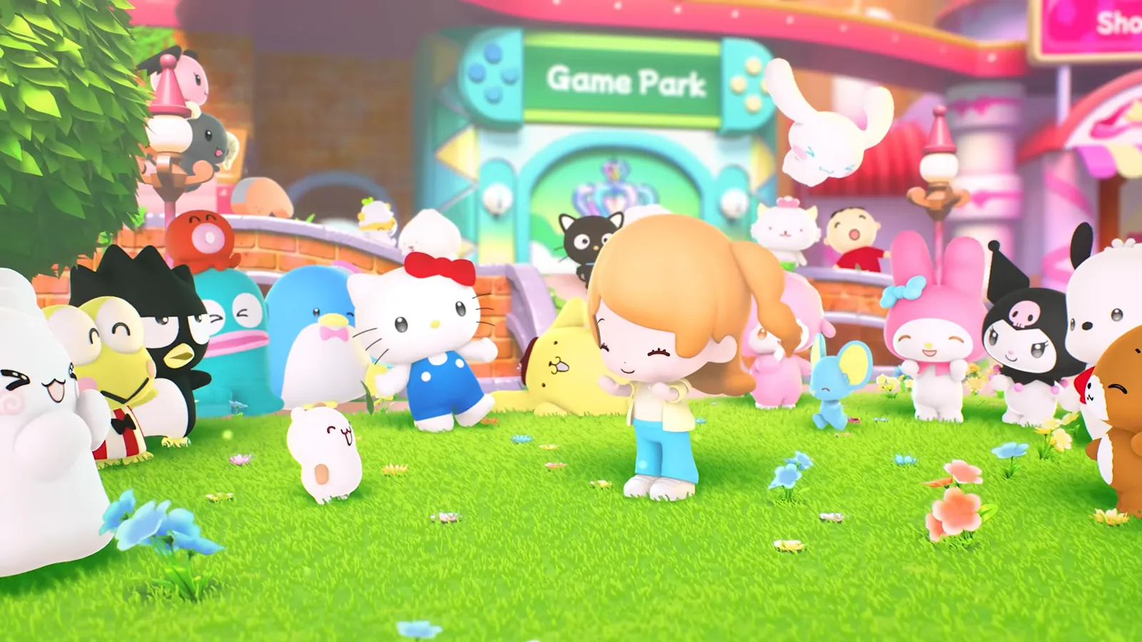 Hello Kitty, Chococat, Pompompurin, My Melody, Kuromi and Pochacco gathered with an avatar in front of the Game Park entrance in Hello Kitty Party Land