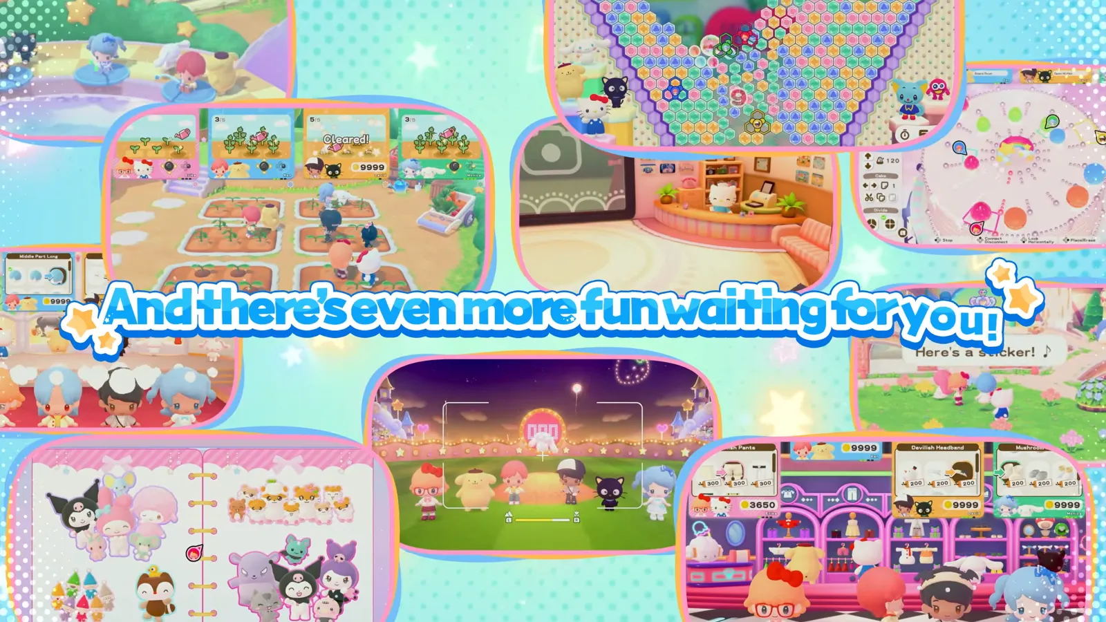 Hello Kitty Party Land montage captioned and there’s even more fun waiting for you with several shop, farm and puzzle clips