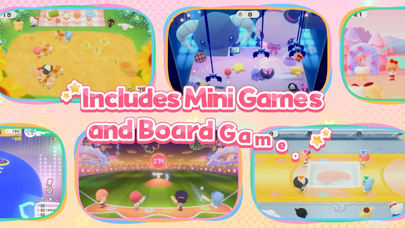 Hello Kitty Party Land montage captioned includes mini games and board games with a board map and several minigame windows