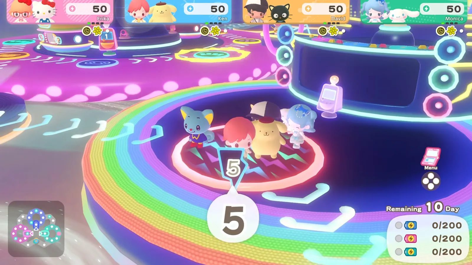 Neon rainbow race-track style board in Hello Kitty Party Land with a roulette result of 5 and several Sanrio characters standing on a round pad