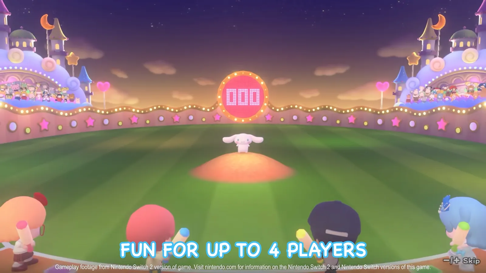 Hello Kitty Party Land baseball-style minigame at night with four players at the batting line and the caption fun for up to 4 players