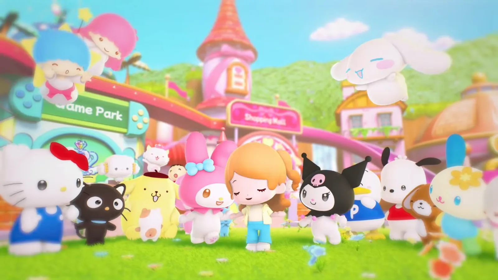 Hello Kitty Party Land announcement trailer scene with Sanrio characters and an avatar gathered at the Game Park entrance