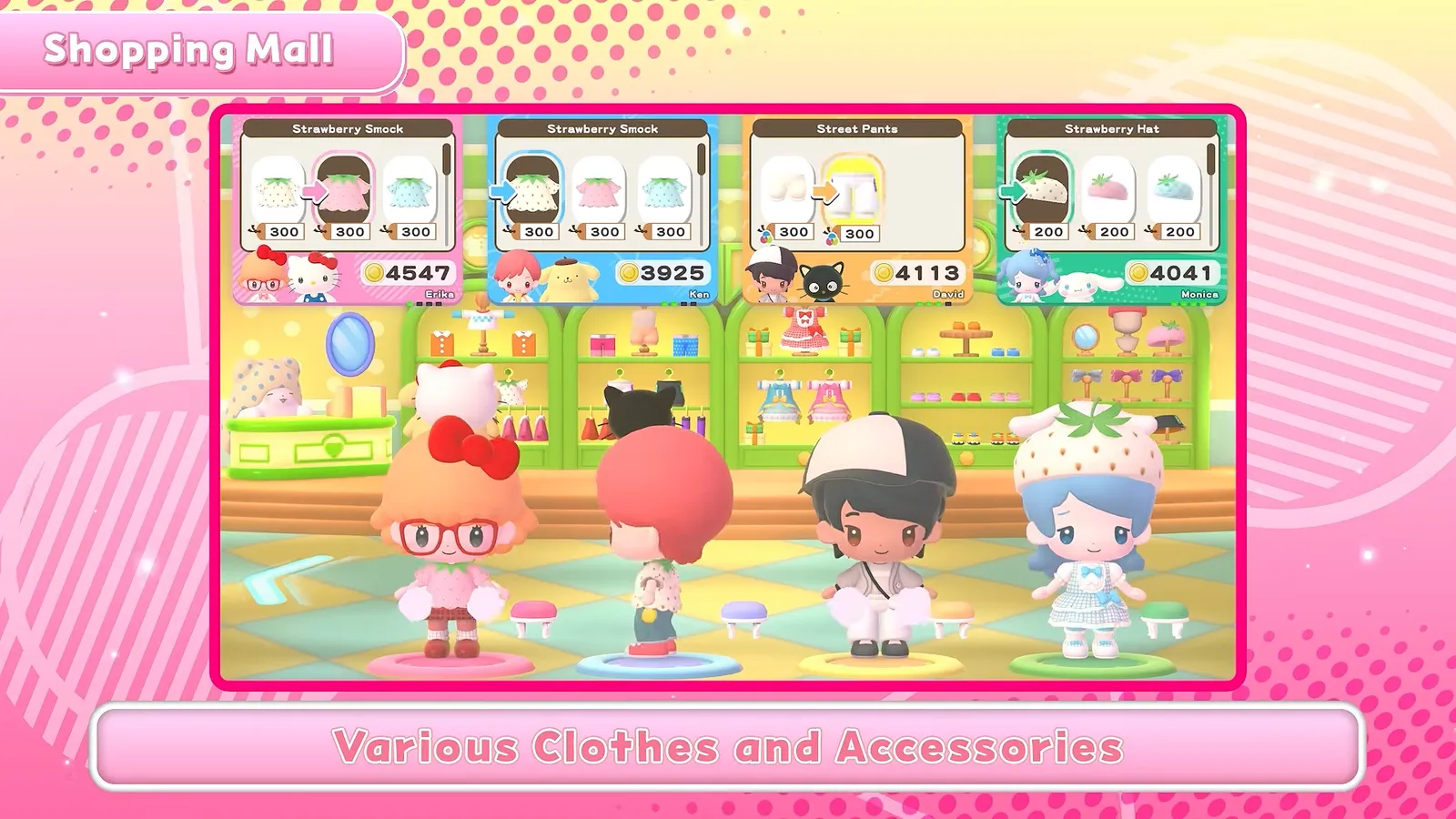 Hello Kitty Party Land Shopping Mall store with avatars browsing shelves, captioned various clothes and accessories
