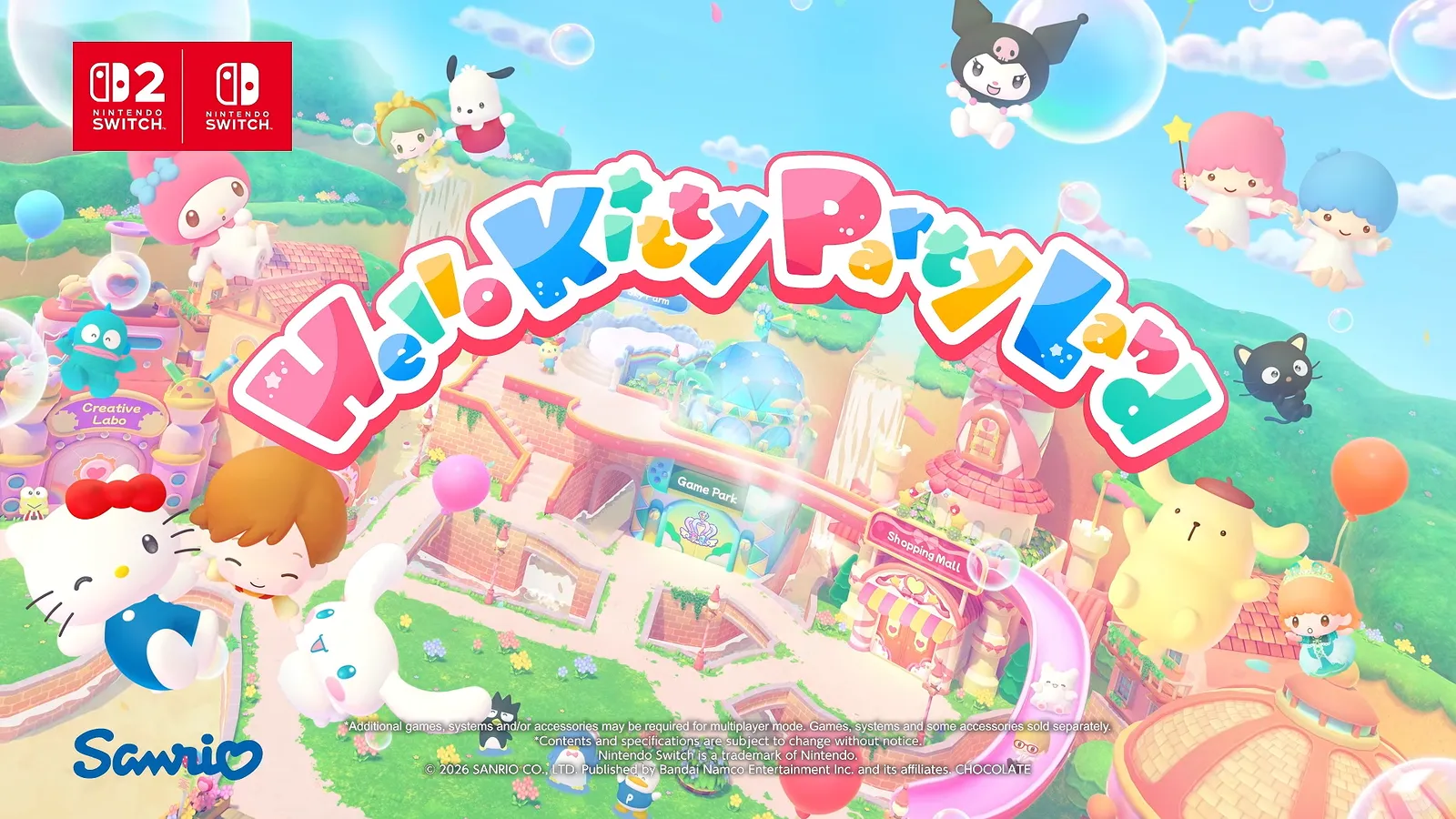 Hello Kitty Party Land available now key art with the Switch 2 and Switch logos at the top left and a colorful town illustration