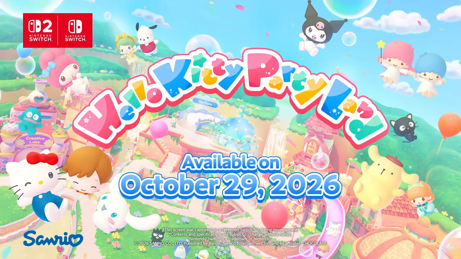 Hello Kitty Party Land key art with the text available on October 29, 2026, Nintendo Switch 2 and Nintendo Switch logos at the top left and the Sanrio logo