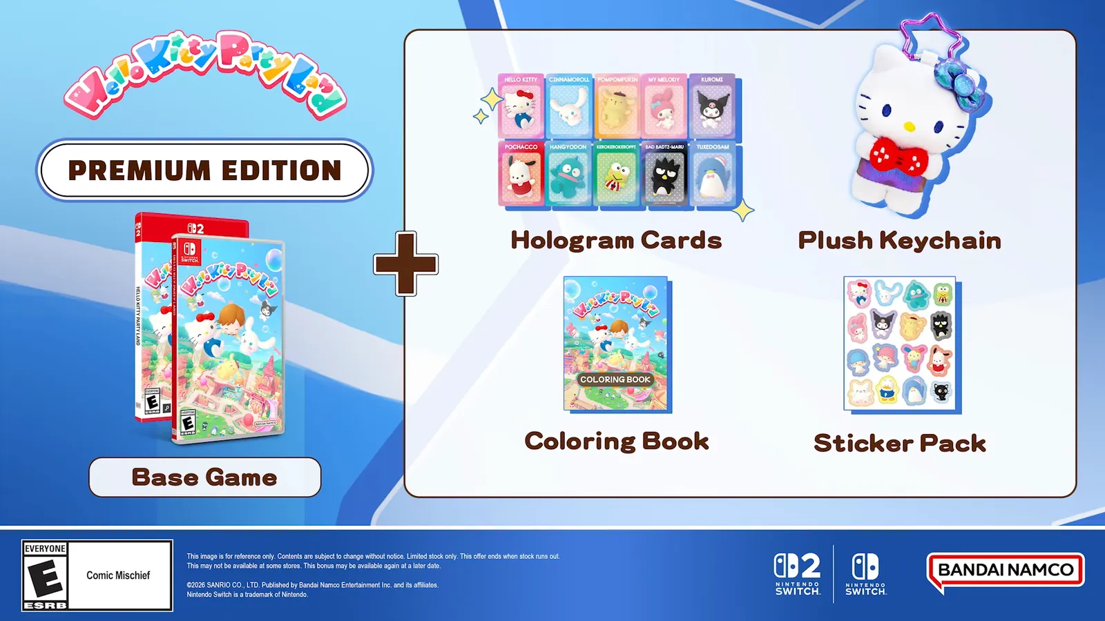 Hello Kitty Party Land Premium Edition contents card listing the base game plus hologram cards, a plush keychain, a coloring book and a sticker pack
