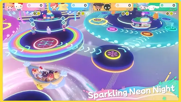 Sparkling Neon Night board preview from the Hello Kitty Party Land tour montage with glowing rainbow rings, dark floating platforms and neon track