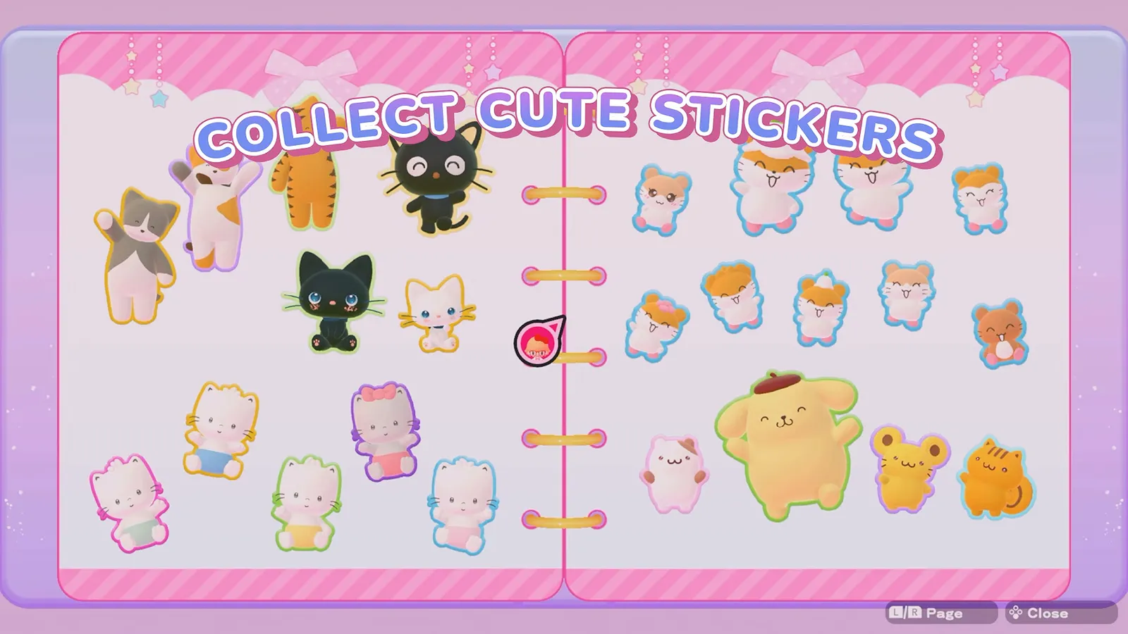 Collect cute stickers page from the Hello Kitty Party Land launch trailer showing a sticker book spread full of small Sanrio character stickers