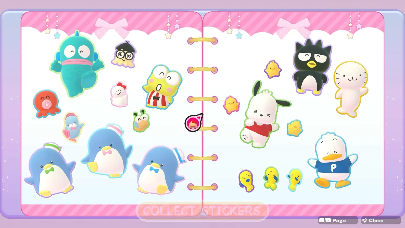 Hello Kitty Party Land sticker sheet with Hangyodon, Badtz-Maru, Pochacco, Tuxedo Sam and other Sanrio stickers captioned collect stickers