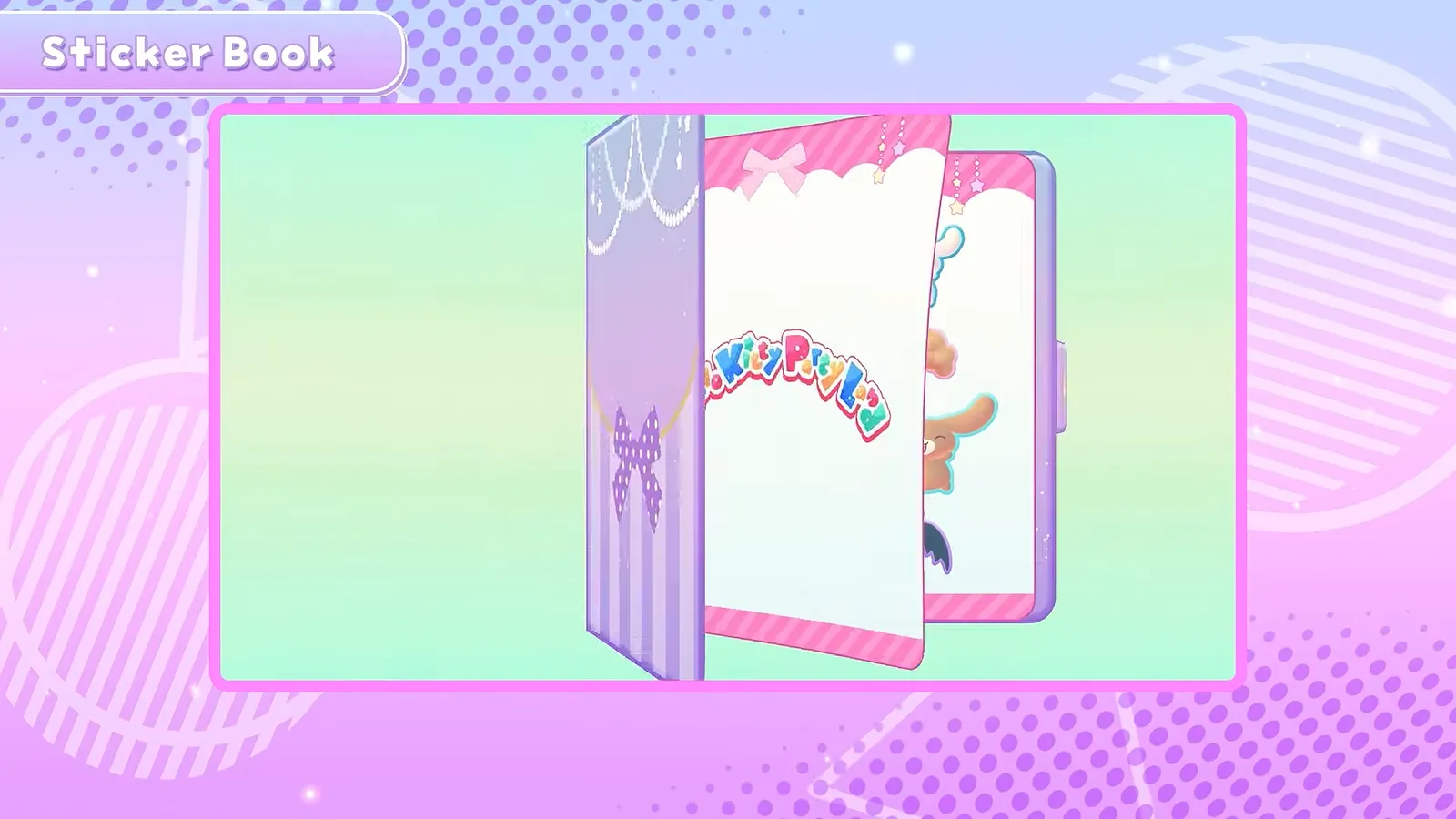 Hello Kitty Party Land sticker book cover opening with a pink and teal page spread on a mint background