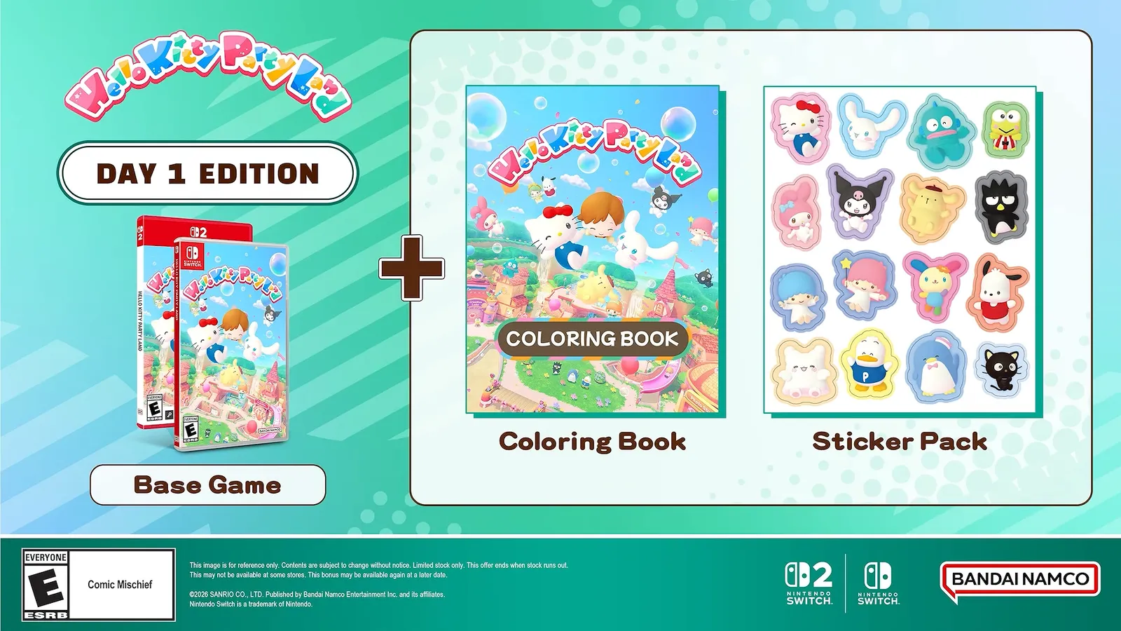 Hello Kitty Party Land Day 1 Edition card with the Switch 2 and Switch platform icons in the bottom strip next to the Bandai Namco logo