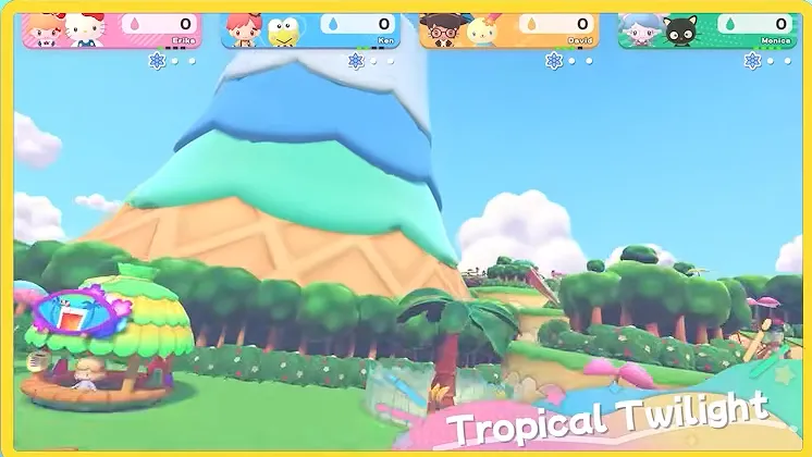 Tropical Twilight board preview from the Hello Kitty Party Land tour montage with a layered striped mountain, palm trees and a small hut
