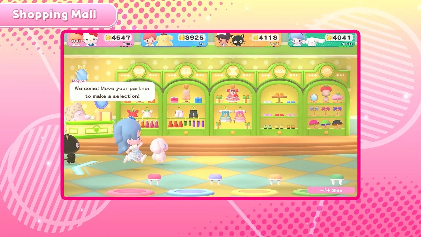 Hello Kitty Party Land Shopping Mall interior with green shelves of items and a dialogue box welcoming the player