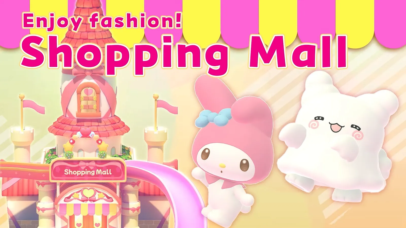 Enjoy fashion Shopping Mall title card in Hello Kitty Party Land with My Melody and a white mochi-like character in front of the mall entrance