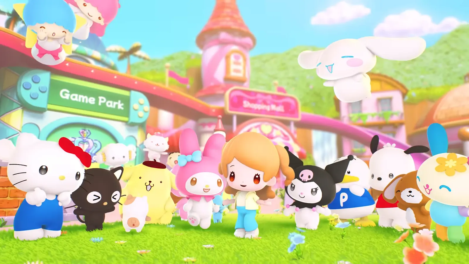 Hello Kitty and her friends standing in front of the Game Park entrance